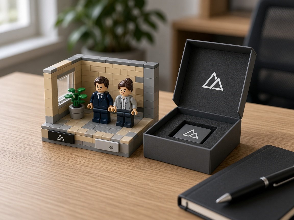 Custom BrickABrick corporate brick gift set on a desk